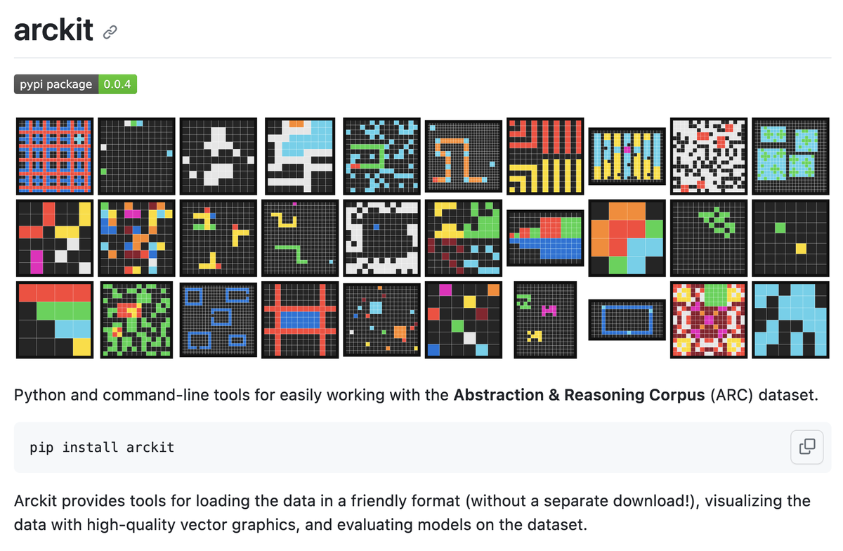 I've recently been playing with @fchollet's Abstraction and Reasoning Corpus, a really interesting benchmark for building systems that can reason. As part of that, I've just released a small 🐍 library for easily interacting with and visualising ARC: github.com/mxbi/arckit