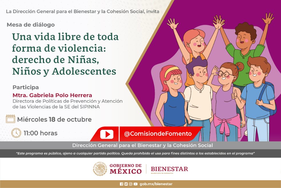 ComisionFomento's tweet photo. 🔎Te esperamos en la mesa de diálogo "Una vida libre de toda forma de violencia", participa la maestra Gabriela Polo Herrera , de @SIPINNA_MX  Coordina @bienestarmx  @luzrosalesestev 
🗓️18 de cotubre de 2023
⏰11:00 centro 
📺https://t.co/VN0k7Of3fB https://t.co/dbLXeLG90Q