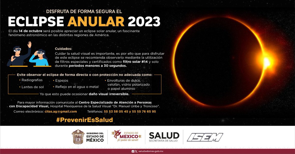 Disfruta de forma segura el #Eclipse anular 2023.
Conoce las recomendaciones que te presentamos para evitar cualquier daño a la vista. 
#PrevenirEsSalud