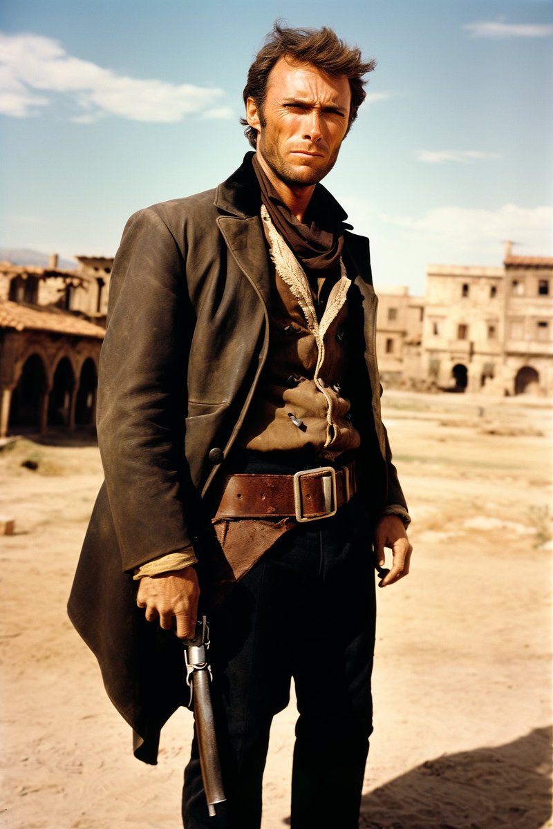 #ClintEastwood #italianwestern #stylear32
Prompt: Clint Eastwood 30 years old as a gunslinger, italo Western Stylear 32
#Midjourney #EnchantingAI #LovelyAI 
twitter.com/EnchantingAI/s…