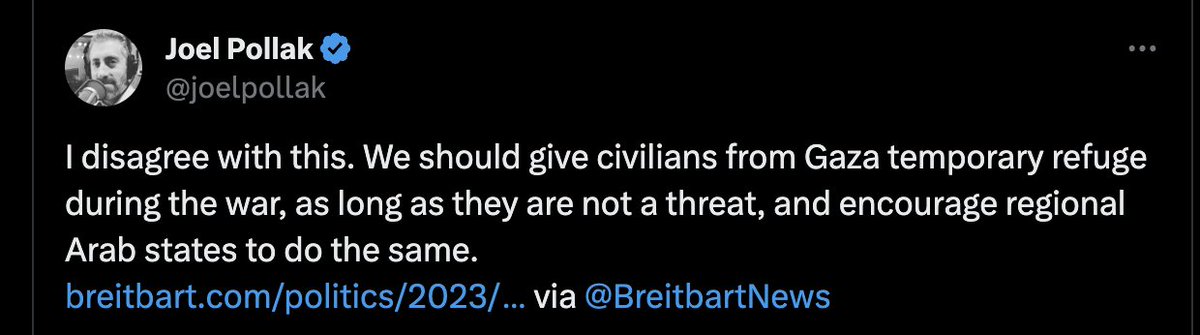 KeithWoodsYT's tweet photo. 🇮🇱 Joel Pollak, the senior editor of Breitbart, took a day off from his Jewish Sabbath to advocate Israel "wipe out" and ethnically cleanse Gaza.

Now, he is advocating that America take in the expelled people of Gaza as refugees.

From Shapiro to Breitbart to PragerU, conservative media is totally controlled by Israel-first Zionists.