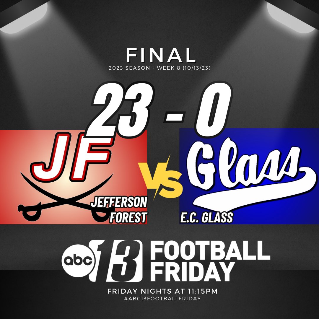 Jefferson Forest 23
E.C. Glass 0
FINAL
#ABC13FootballFriday <a href="/13Sports/">ABC13 Sports</a>