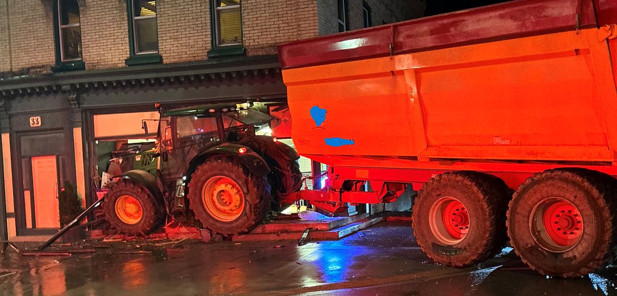 #HuronOPP is investigating a collision on Main St in #Seaforth involving a farm tractor and a store front which caused heavy damage. Main St is closed between Goderich St and Gouinlock St until the machinery can be safely removed. Please avoid the area. @HuronEast #OPP ^cs.