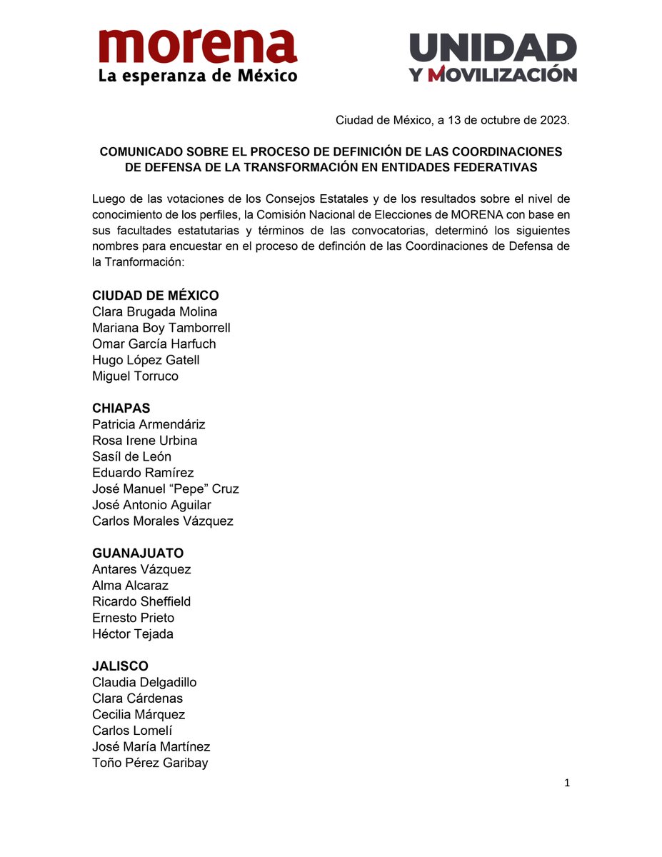mario_delgado's tweet photo. 🔴| Damos a conocer los nombres de las y los aspirantes que pasarán a la encuesta final en el marco del proceso de definición de las Coordinaciones de Defensa de la Transformación en #CDMX, #Chiapas, #Guanajuato, #Jalisco, #Morelos, #Puebla, #Tabasco, #Veracruz y #Yucatán.

Los resultados definitivos se darán a conocer hasta el próximo 30 de octubre.