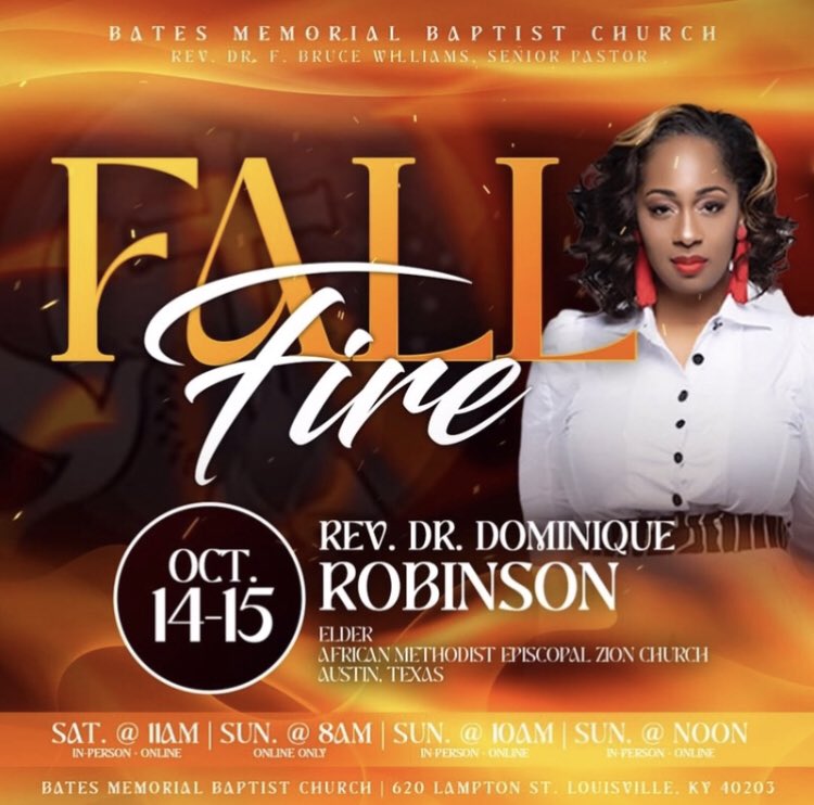 BatesMemorial's tweet image. 🔥 Ready to experience the ultimate spiritual blaze this fall? Don’t forget ‼️TOMORROW‼️ we have Rev. Dr. Dominique Robinson coming to Bates Memorial for a life-transforming journey through the Word!

‼️DON’T MISS OUT‼️
 #FallFire #BatesMemorial #IgniteYourFaith