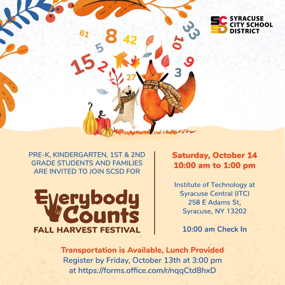 SCSDMath's tweet image. Join us at the Everybody Counts Fall Harvest Festival!
For all Pk, kindergarten, grade 1 and grade 2 students and families.
Saturday, October 14 from 10-2 at ITC HS
You can register at the event!
