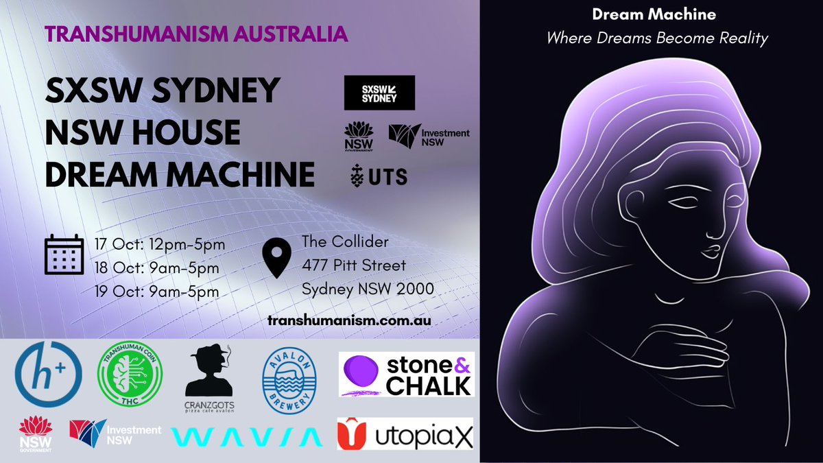 Check out the latest from @transhumanismAU and demo of our portfolio project, Dream Machine at NSW House as part of SXSW Sydney! 

nsw.gov.au/arts-and-cultu…

uts.edu.au/research/austr…