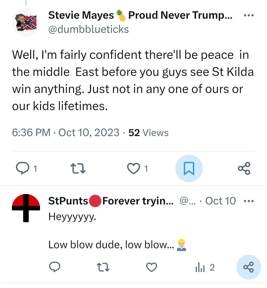 While I've probably accepted the fact ill never see us win a flag, seeing it expressed this way feels esp sad, given the horrific scenes coming out of the ME atm. Surely on the balance of probability, we're  better odds than impossible.  
#saintsfoot #thatssostkilda