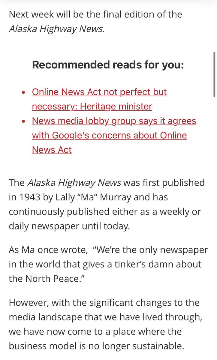 thomasjwhit's tweet photo. Alaska Highway News is shutting down... This is directly related to the change in federal monetary policies as it relates to social media. I am disgusted, absolutely disgusted. https://t.co/2vYvAXD4vG