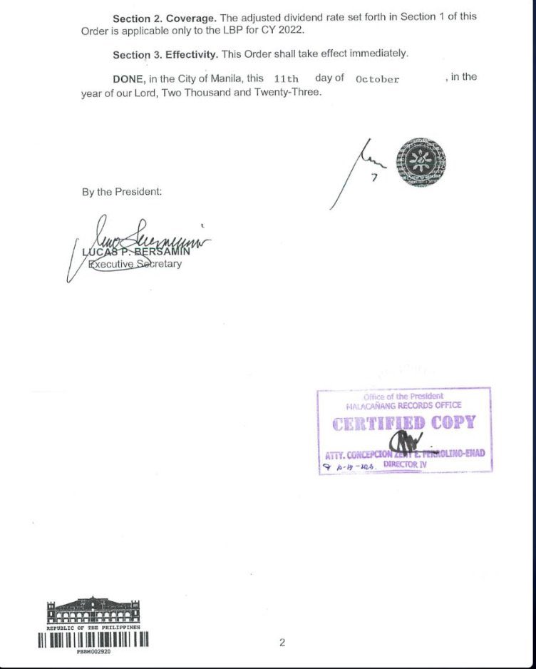 ABSCBNNews's tweet photo. President Ferdinand Marcos, Jr. cuts LandBank's dividends to gov't from 50 percent to 0 percent under Executive Order No. 43. | via @jobmanahan https://t.co/jyTKOWcWma