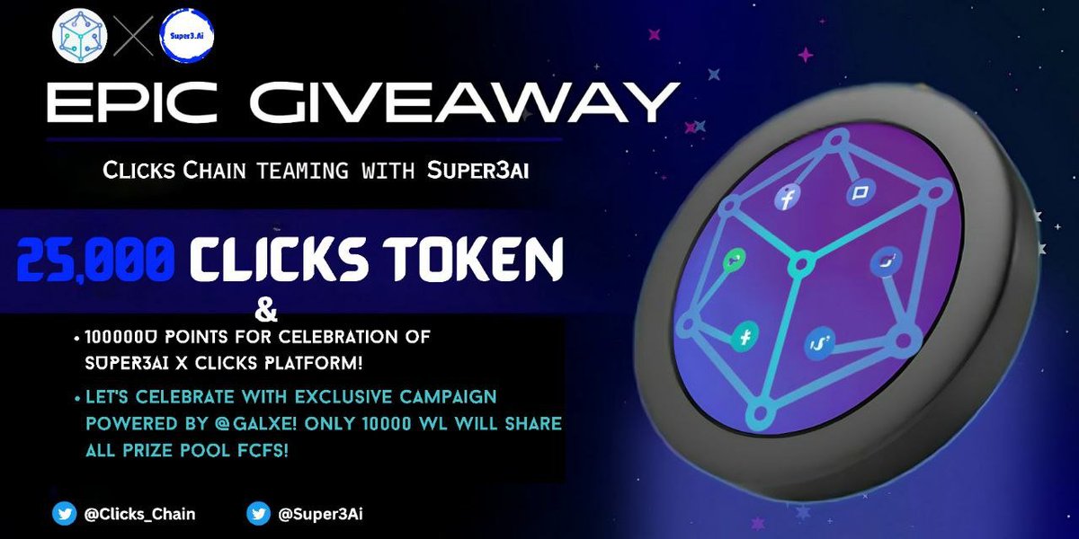 Super3Ai's tweet photo. 🥳WIN 25000 $CLICKS  & worth 100000U Points for Celebration of SUPER3AI x Clicks Platform!

Let's Celebrate with Exclusive Campaign powered by
@Galxe !

🎁ONLY 10000 WL will share ALL PRIZE POOL ! FCFS !

⏰Oct.13 11:00 UTC- Oct. 29 15:59 UTC

Join and Share NOW
https://t.co/7Uzr9LrERc
#Airdrop @Super3AI @Clicks_chain