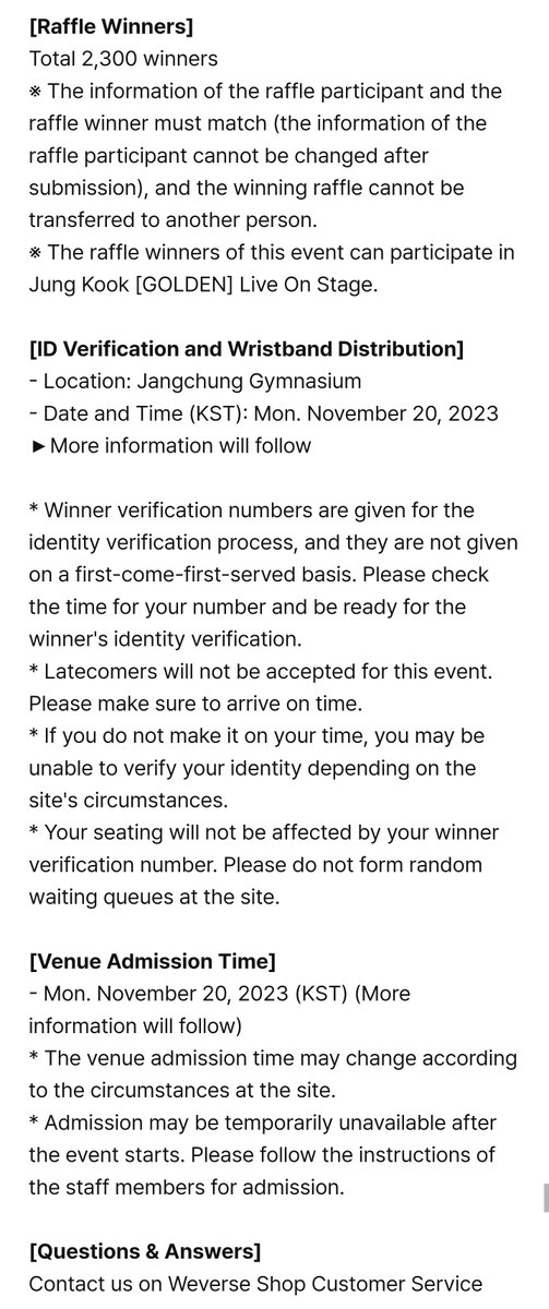 BTSMerchUpdates's tweet photo. Jung Kook ‘GOLDEN’ Live On Stage for Weverse Shop Customers

(This is the second raffle. First raffle was for ARMY members - 500 winners)

Date: Nov 20
Number of winners: 2300
Winners announced: Nov 15

ELIGIBILITY
- Buy GOLDEN from Weverse Shop Global (the listing with only the Weverse Albums ver is not eligible)
- Purchase Period: until Nov 9, 11:59pm KST
- Raffle Period: Oct 14, 11am KST to Nov 9, 11:59pm KST