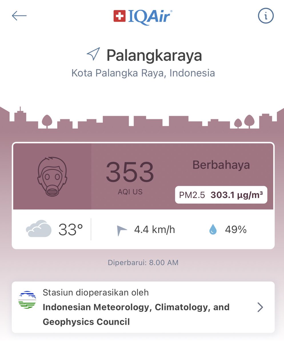 InayahSyar's tweet photo. Keadaan terkini kondisi udara Palangka Raya, 2x lipat lebih buruk dari kondisi udara Jakarta 😷😷 https://t.co/z8Xs0XHJyD