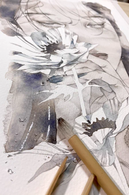 #墨の彩展 本日も宜しくお願いします!ラメ感のある顔彩や箔を使った作品が多いので是非角度を変えて見てみてください私は遠方の為行けませんが今日は在廊される作家さんも多いようなので是非足を運んでいただければ嬉しいです 