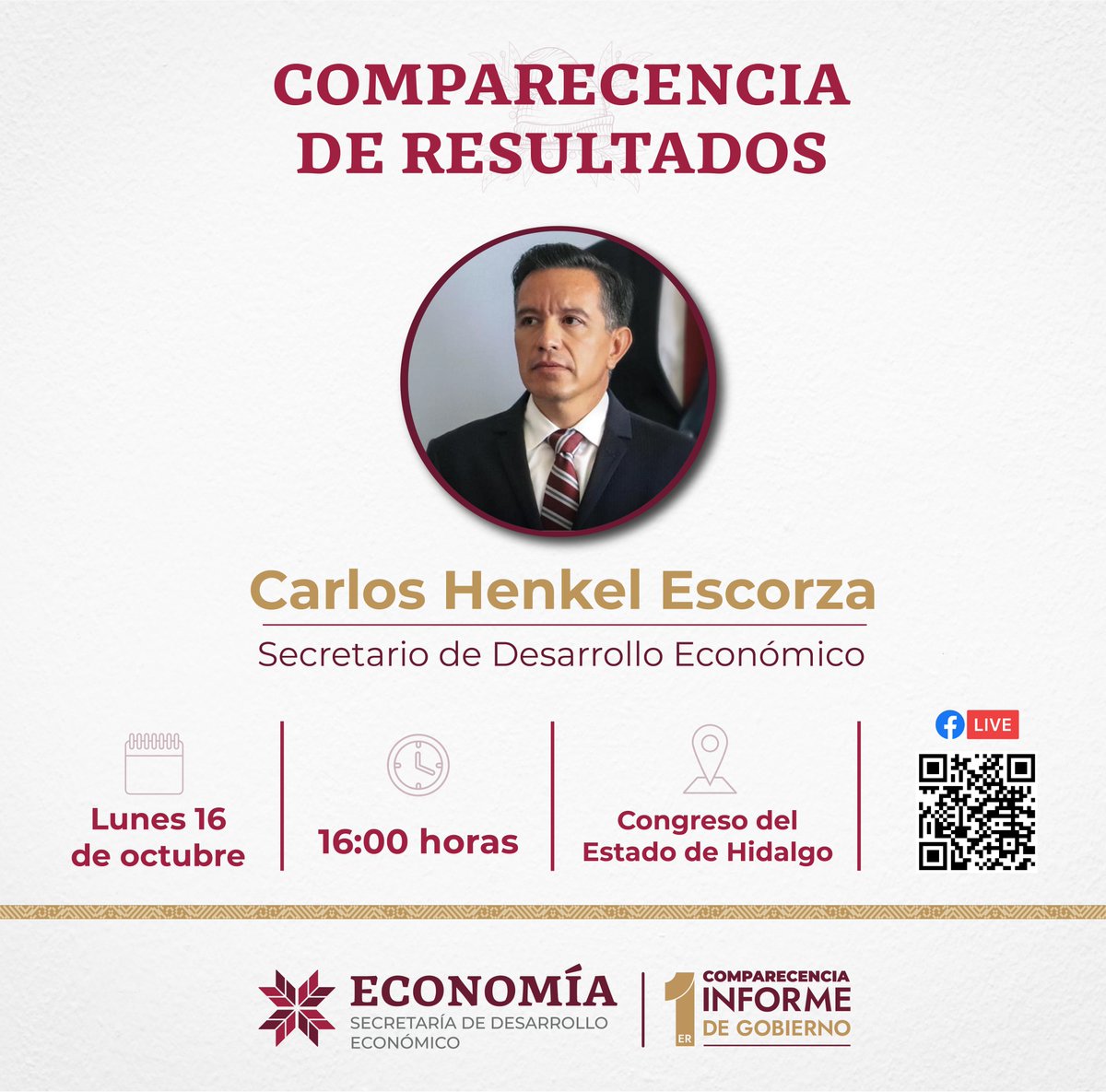 Este lunes 16 de octubre a las 16:00 horas conoce de voz de nuestro titular <a href="/carekad/">CARLOS HENKEL ESCORZA</a> las estrategias, apoyos y acciones implementadas en la Secretaría de Desarrollo Económico Hidalgo en este primer año de gobierno.
Sigue la comparecencia 🔴#EnVivo por FBLive 
#HidalgoSeráPotencia