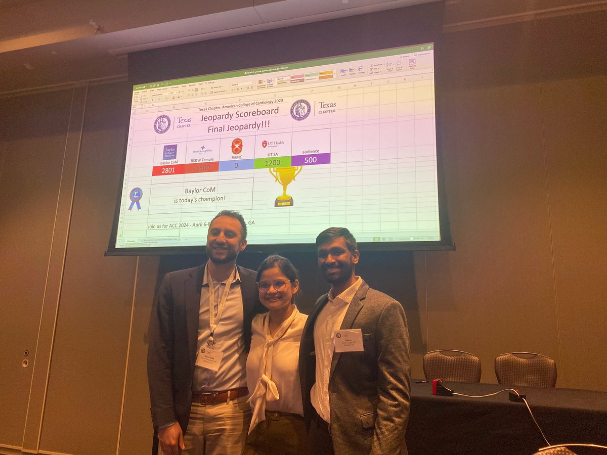 Congratulations to @BCMHeart on winning the #tcacc23 #accfitjeopardy!!! Strong showing, @saushec @BrookeArmyMed @UTHealthSA @BSWTemple_CVdoc in the finals on a tough #hamilton question set! See you in ATL for #acc24 ! Just you “weight” - do not throw away your shot! @ACCinTouch