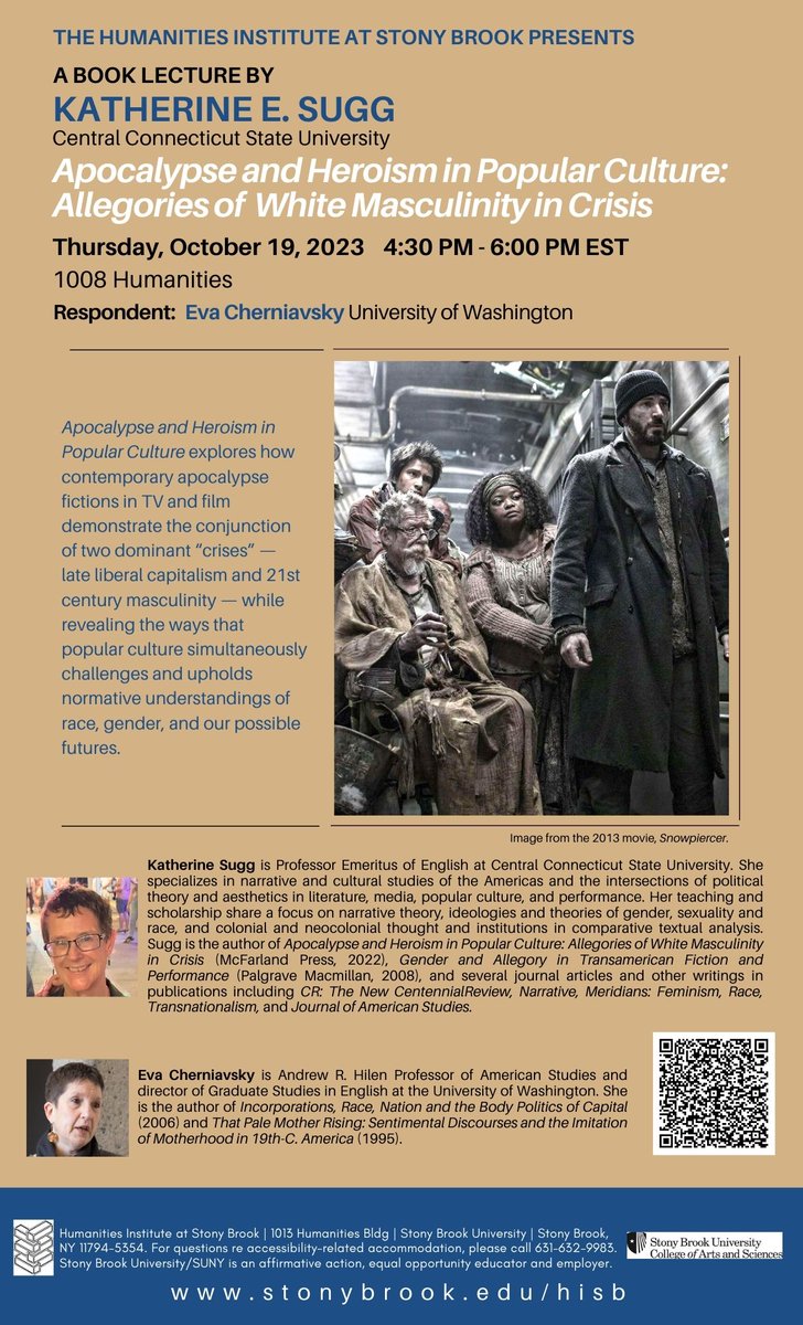 This coming Thursday! Katherine Sugg will be in conversation about her book "Apocalypse and Heroism in Popular Culture" with Eva Cherniavsky.