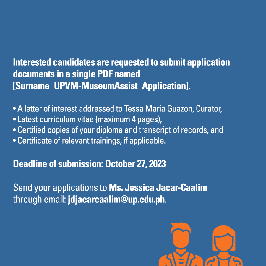 UPVargasMuseum's tweet photo. The Jorge B. Vargas Museum and Filipiniana Research Center is looking for a Museum Assistant. 

Check the link for details about the post: https://t.co/TcTn5TXvAJ.

The deadline for applications is on 27 October 2023, 12MN. https://t.co/TkC3uOFUMA