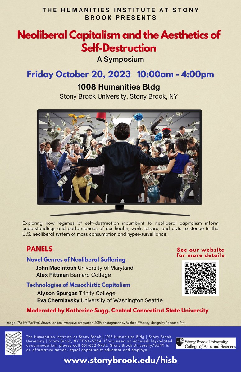Join us on Friday 20 October for a day-long symposium starting at 10am on "Neoliberal Capitalism and the Aesthetics of Self-Destruction."