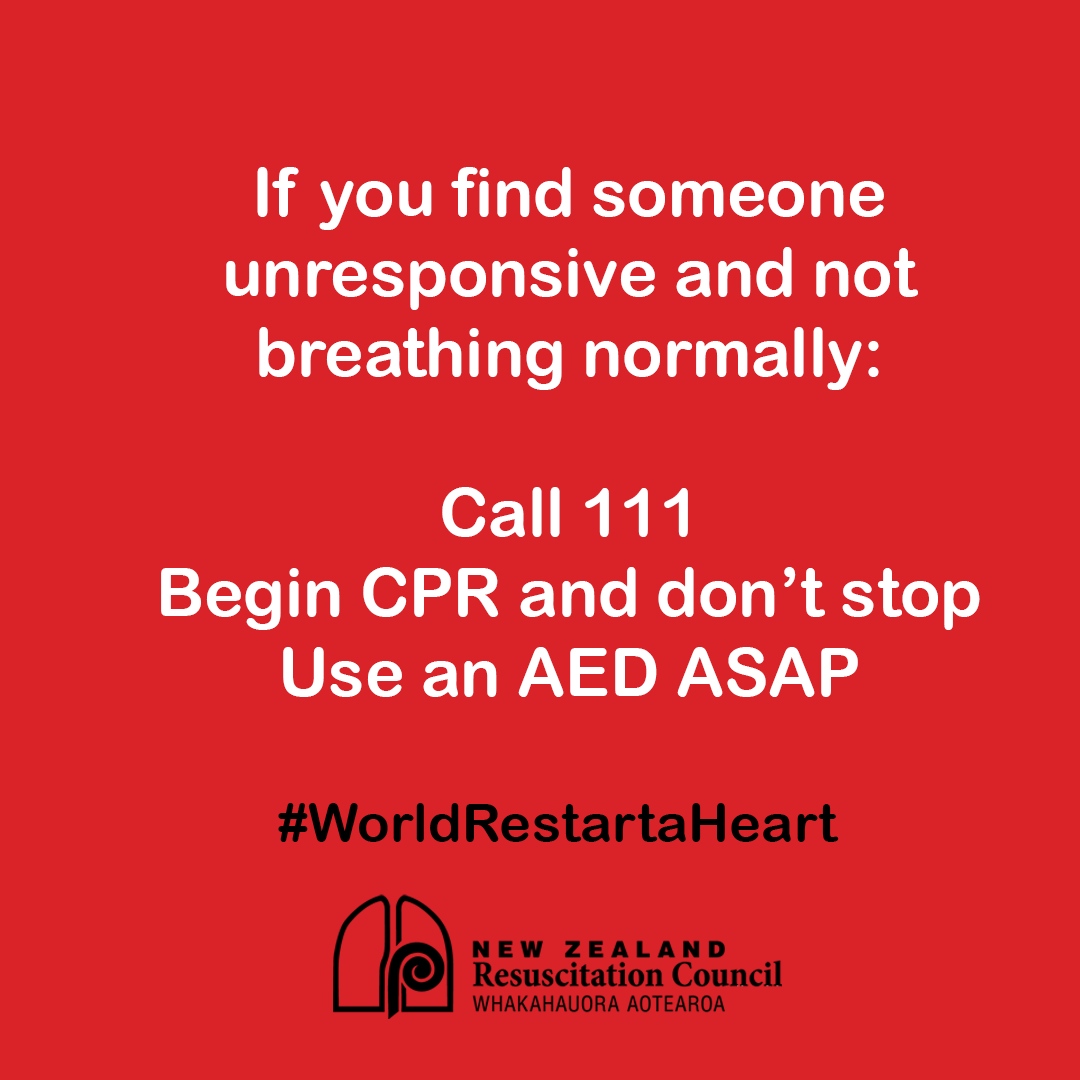 NZResusCouncil's tweet image. When someone is in cardiac arrest, their chance of survival drops 10-15% for every minute without CPR or defibrillation.

Survival dramatically improves when bystanders begin CPR quickly and an AED is used before emergency services arrive. 

#WorldRestartaHeart #CallPushShock