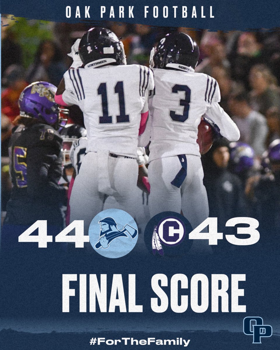 Oak Park with the huge comeback win over Central to improve to 8-0!!! Oak Park plays Fort Osage at home next week in the final game of the regular season!!! #ForTheFamily #GoNorthmen