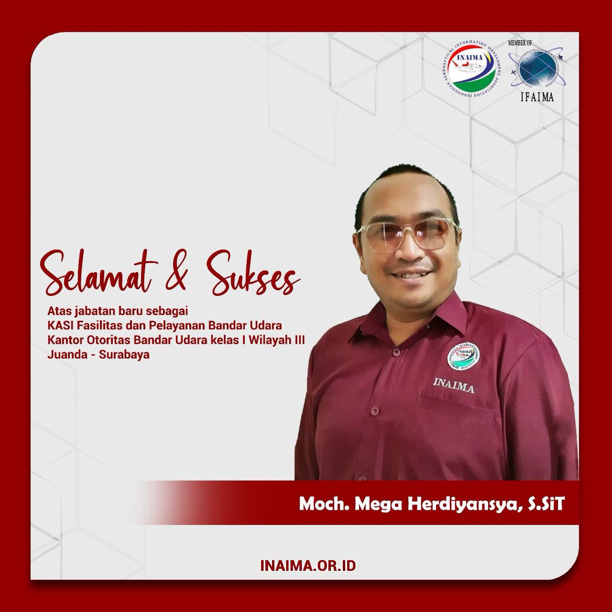 INAIMA_'s tweet photo. Segenap keluarga besar INAIMA mengucapkan selamat kepada Bapak Mochammad Mega Herdiyansya atas jabatan barunya sebagai Kasi Fasilitas dan Pelayanan Bandar Udara Kantor Otoritas Bandara Kelas I Wilayah III Juanda - Surabaya.. https://t.co/T9MrEeQBsS