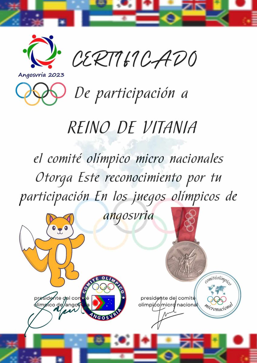 JOM Angosvria 2023
Certificado de participacion a:
Reino de Vitania @HectorJimn50959
#Angosvria #Deportes #Micronations #JOM2023