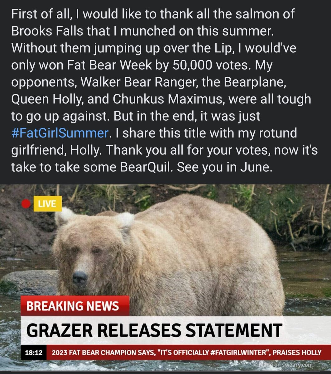 AlaskaTitans's tweet photo. Grazer releases #FatBearWeek victory statement, following momentum victory on #FatBearTuesday https://t.co/vFmiwDjhq9