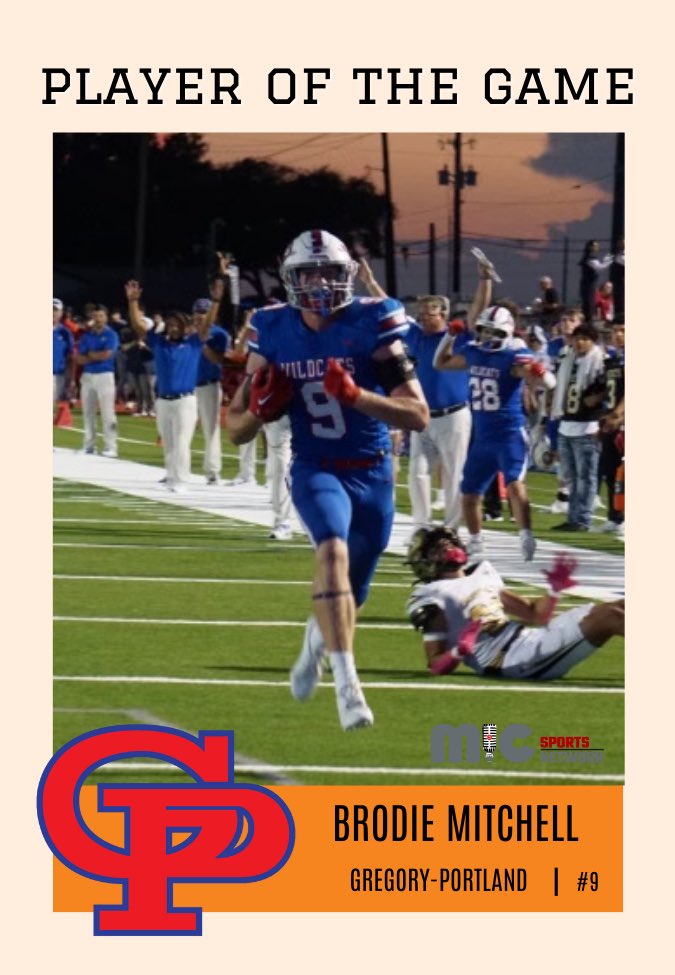 MIC Sports Network (@micsportsnetwrk) on Twitter photo MIC SPORTS NETWORK PLAYER OF THE GAME π
<a href="/GPWildcatsFB/">Gregory-Portland Fighting Wildcat Football</a> TE/LB - Brodie Mitchell.
Mitchell led the way on defense, did the dirty work with downfield blocking and scored 2 touchdowns receiving in victory over Edcouch Elsa.
<a href="/BroMitchell_9/">Brodie Mitchell</a>
#TXHSFB MIC SPORTS NETWORK PLAYER OF THE GAME π
<a href="/GPWildcatsFB/">Gregory-Portland Fighting Wildcat Football</a> TE/LB - Brodie Mitchell.
Mitchell led the way on defense, did the dirty work with downfield blocking and scored 2 touchdowns receiving in victory over Edcouch Elsa.
<a href="/BroMitchell_9/">Brodie Mitchell</a>
#TXHSFB