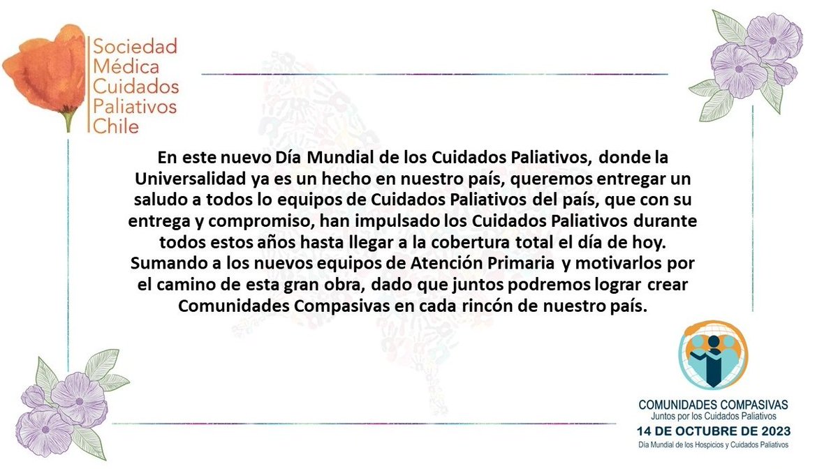 Sociedad Médica de Cuidados Paliativos - Chile (@paliativoschile) on Twitter photo 14 de octubre 2023. Dia Mundial de los Cuidados Paliativos: Comunidades Compasivas <a href="/_ALCP/">ALCP</a> <a href="/ministeriosalud/">Ministerio de Salud</a> <a href="/SPaliativa/">Sociedad Científica de Enfermería Paliativa</a> 14 de octubre 2023. Dia Mundial de los Cuidados Paliativos: Comunidades Compasivas <a href="/_ALCP/">ALCP</a> <a href="/ministeriosalud/">Ministerio de Salud</a> <a href="/SPaliativa/">Sociedad Científica de Enfermería Paliativa</a>