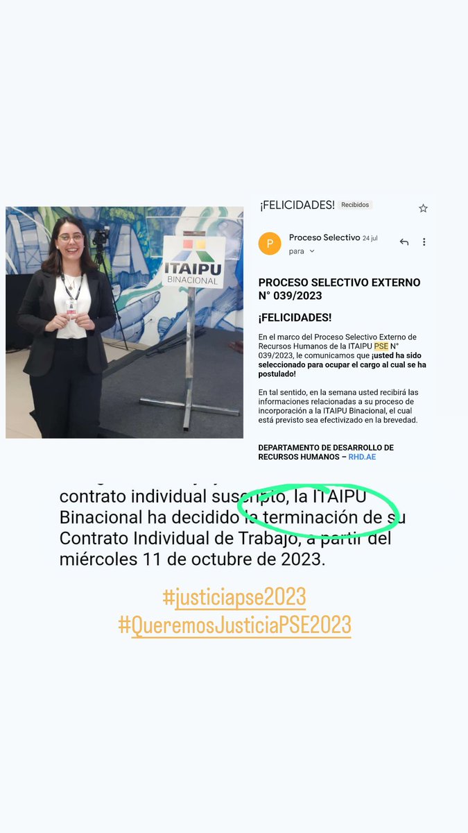 Soy una de las 187 personas desvinculadas de la IB. Tengo 33 años y soy Lic. en Psicología por la Universidad Católica de Asunción, egresada con Mención de Honor y tengo 10 años de experiencia profesional (...)

#QueremosJusticiaPSE2023
#justiciaPSE2023