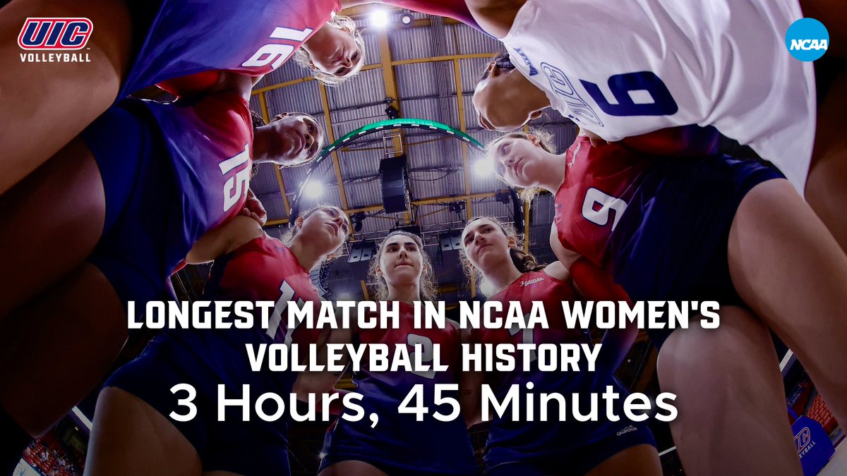 🚨HISTORY MADE🚨

At 3 hours, 45 minutes UIC has played in the longest match in NCAA Women's Volleyball history, breaking the previous record of 3 hours, 38 minutes set in 1998 between Hawaii and BYU 

<a href="/NCAAVolleyball/">NCAA Women's Volleyball</a> | <a href="/NCAA/">NCAA</a> | <a href="/espnW/">espnW</a> | <a href="/MVCsports/">Missouri Valley Conference</a>