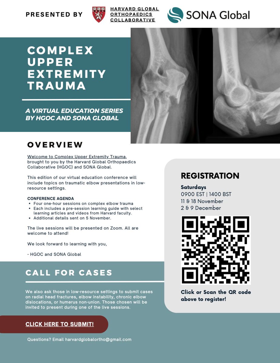 HGOC + SONA Global invites you to our next virtual education conference: Complex Upper Extremity Trauma. Registration at: forms.gle/REe6FK3Y1VHN76…