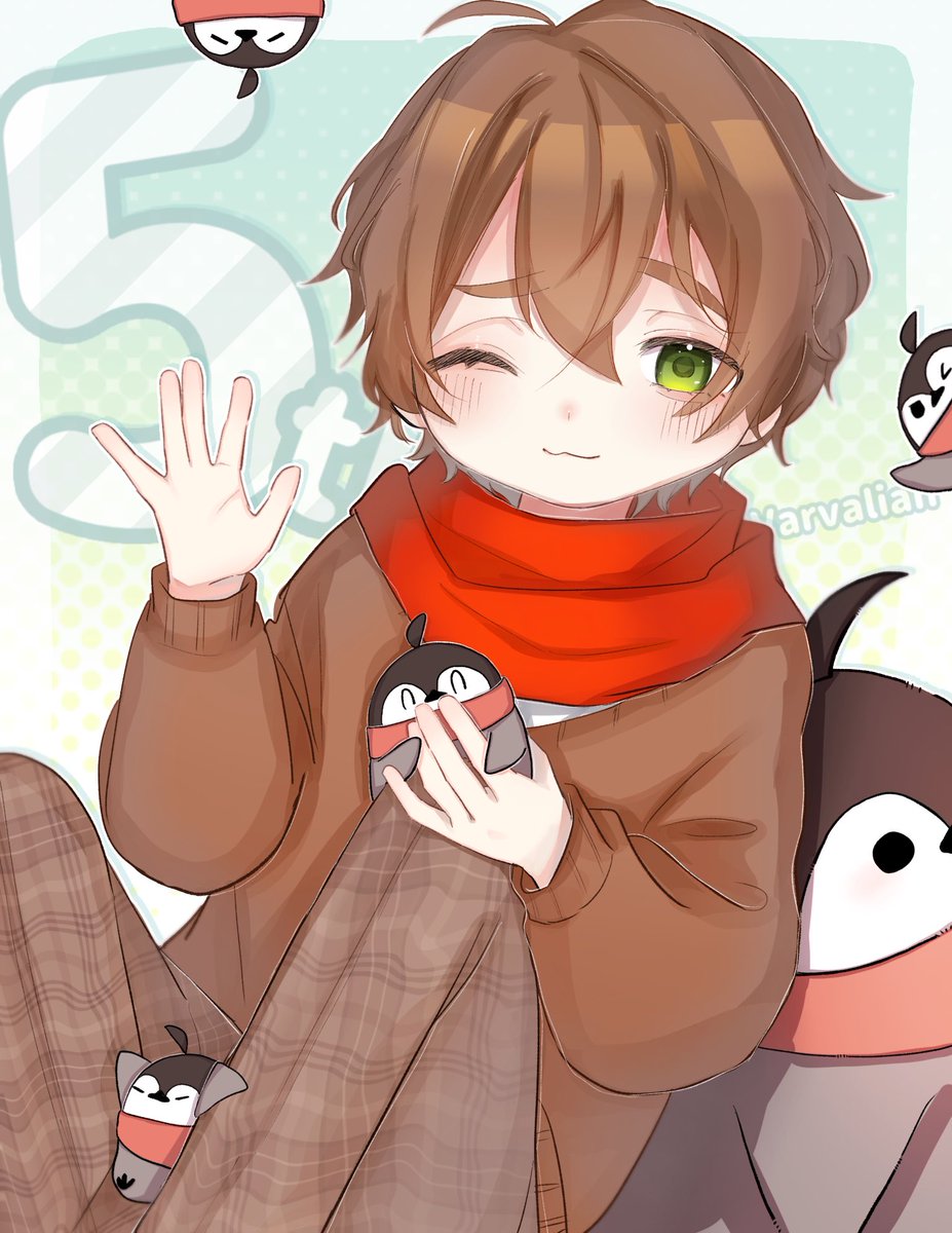 1boy male focus green eyes brown hair one eye closed scarf penguin  illustration images