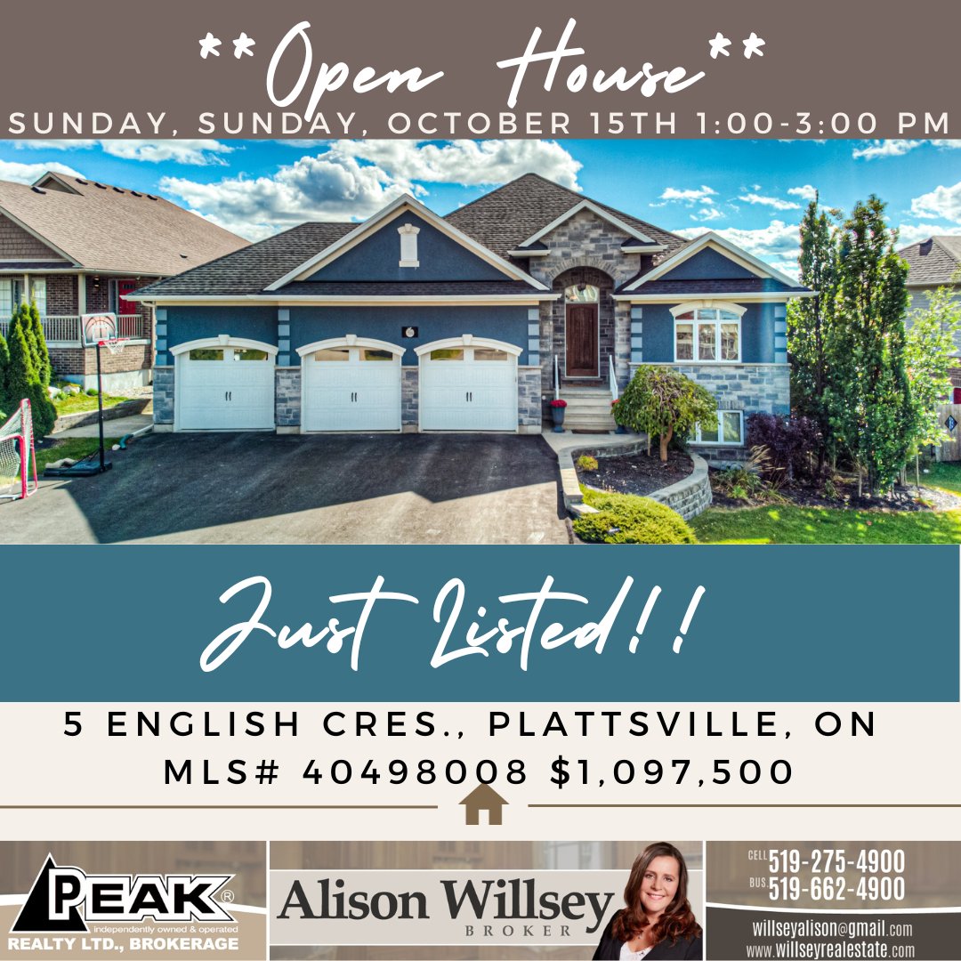 #newlisting #5EnglishCresPlattsville #oxfordcountylistings #openhouseSunday #alisonwillseybroker #willseyrealestate #peakrealtyltd #5bed3bath #fullyfinished #easycommuteto401 #easycommutetoKW #easycommutetoWoodstockBrantfordCambridge #walkoutbasement #inlawpotentialhome