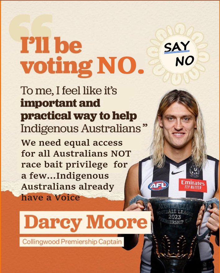 ATsirikas's tweet photo. Please stick to football @CollingwoodFC &amp; stay out of politics
.
It’s disappointing seeing my football team become politicised
.
You’re encouraging the destruction of our great nation through racial division
.
Vote NO to the Voice
.
#VoteNo #VoteNO23Australia  #VoteNo2023 https://t.co/6KpTe4zIII