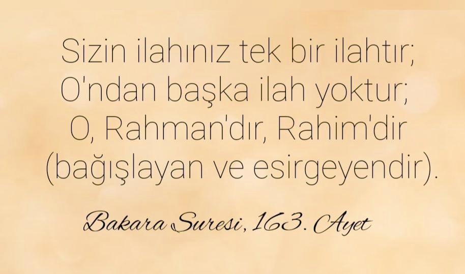 Sizin ilahınız tek bir ilahtır; O'ndan başka ilah yoktur; O, Rahman'dır, Rahim'dir (bağışlayan ve esirgeyendir).
Bakara Suresi, 163. Ayet