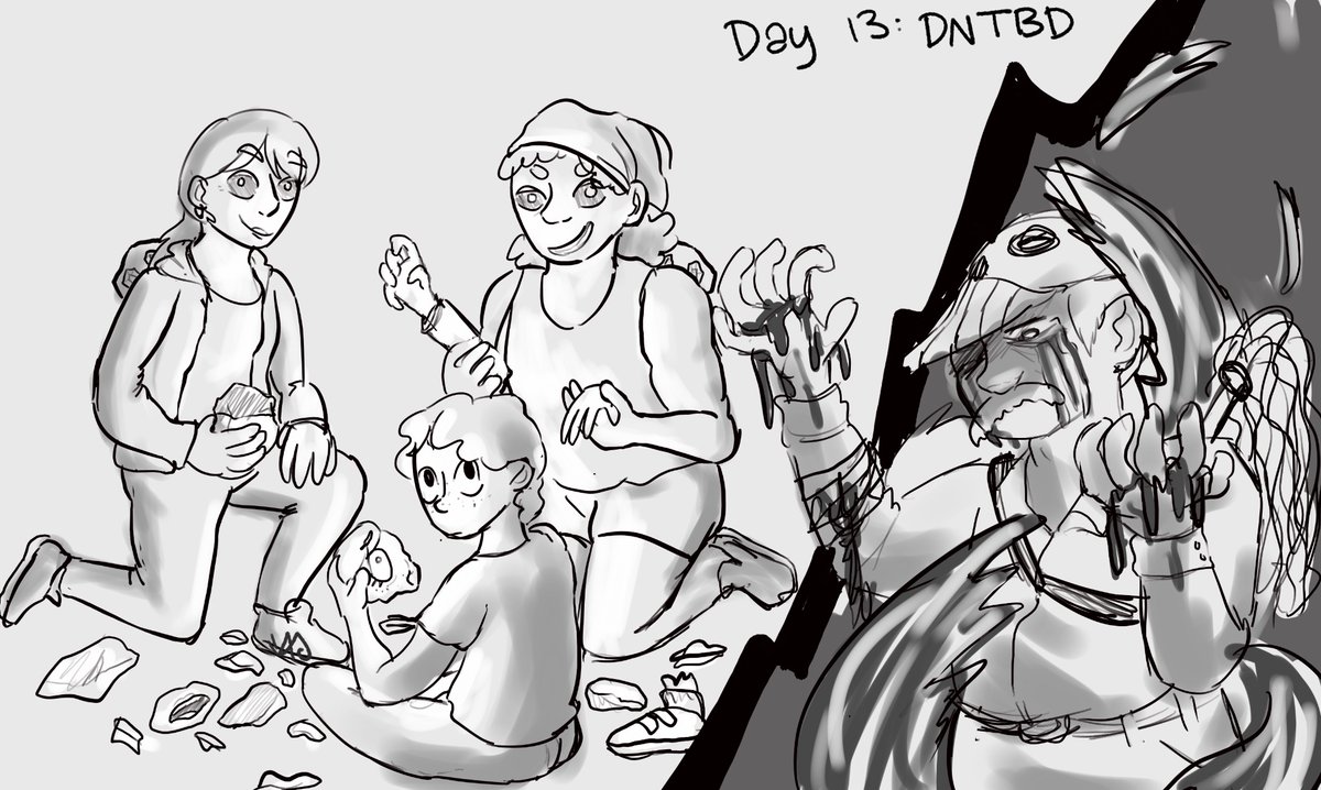 day 13: wildcard DNTBD fanart 
i wasn’t gonna draw today but got inspired by my pals who ran an ooky spooky randomized one shot ttrpg tonight. so here’s a scene from that!
