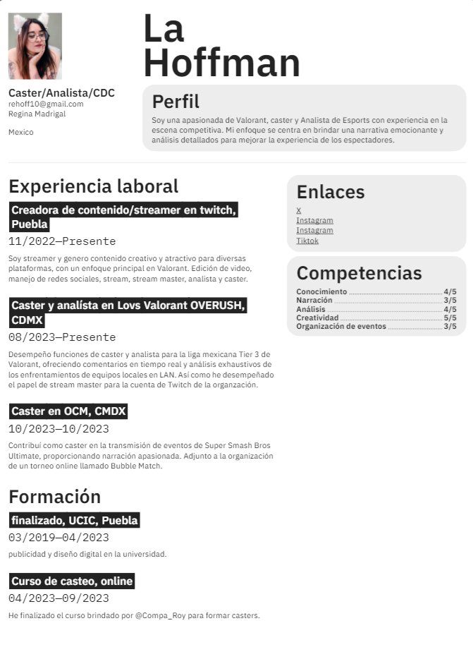 la_hoffman_'s tweet photo. Pongo en disposición mi CV para E-Sports.
Aquí están todas mis habilidades como caster, analista y cdc de #Valorant ♥
Actualmente estoy buscando un equipo para crecer juntos.
Demo Reel: https://t.co/OnYz2fSxvA
@EquiposValorant @BusquedaEsports https://t.co/tOz5bX1taa