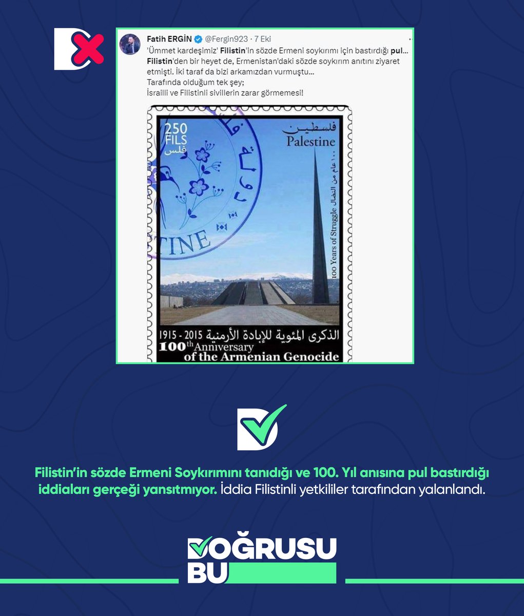 Filistin’in sözde Ermeni Soykırımını tanıdığı ve 100. Yıl anısına pul bastırdığı iddiaları gerçeği yansıtmıyor. 

#DoğrusuBu
dogrusubu.org/d/39/filistin-…