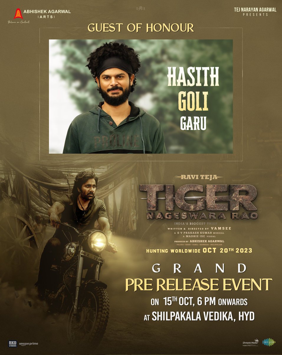 Blockbuster directors @harish2you Garu, @megopichand Garu, @chandoomondeti Garu, @hasithgoli Garu will be gracing the Grand Pre-Release Event of #TigerNageswaraRao ❤️‍🔥

Stay tuned!
- youtube.com/live/CJfDk6Y4P…

🗓️ OCTOBER 15th
🕒 6 PM Onwards
📍 Shilpakala Vedika

Hunting Worldwide…