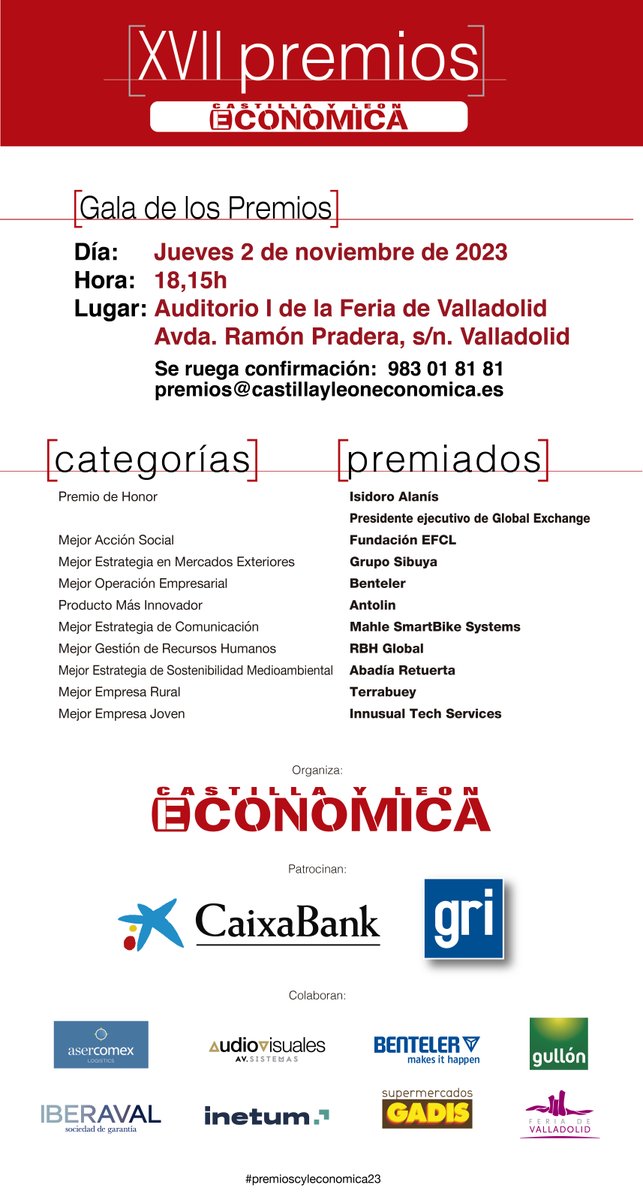 El 2 de noviembre se entregan los #premioscyleconomica23 ow.ly/lLJo50PUthR <a href="/Antolin_Oficial/">Antolin</a> <a href="/RBHGlobal/">RBH Global</a> <a href="/arledomaine/">Abadia Retuerta</a> <a href="/terrabuey/">TERRABUEY La Brasería de Cuellar</a> <a href="/FundacionEFC/">Fundacion EFC</a> <a href="/EFCyL/">Empresa Familiar CyL</a> <a href="/GrupoSibuya/">Grupo Sibuya S.L</a> <a href="/MAHLE_Group/">MAHLE</a> #GlobalExchange #Benteler #Innusual