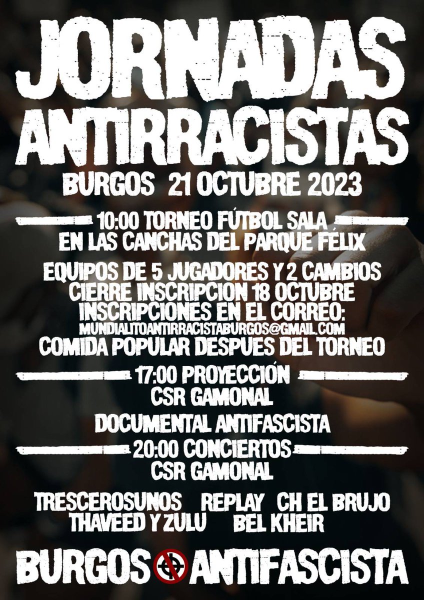 CsrGamonal's tweet photo. ¡Participa en la jornada antirracista!
Fútbol sala, documental y concierto.

Tomemos las calles contra el racismo y la ultraderecha. https://t.co/kEZEMMwYcj