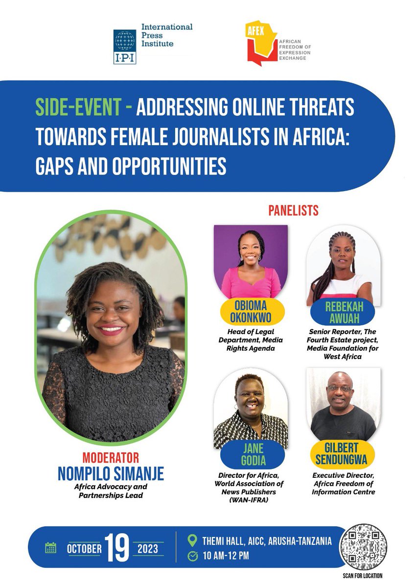 Will you be at the 77th Session of the @achpr_cadhp? Do join us and @globalfreemedia for this side event on “Addressing online threats towards female journalists in Africa: Gaps and Opportunities”.