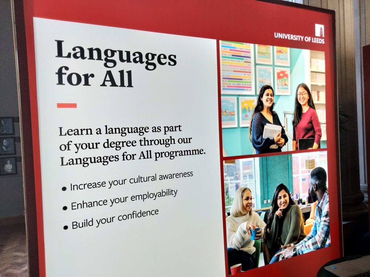 At open day, meeting people who want to use their discovery credits to study a language as part of their degree. So far have been asked about Accounting with Spanish as discovery and Fine art/art history with Italian. Info about all 17 languages is here: leeds.ac.uk/lfa