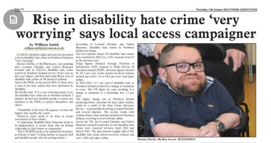 'Rise in disability hate crime ‘very worrying' says local access campaigner'

Thank you to William Smith for the interview in this week's @tyrone_con.

#MyWayAccess #Disabled #DisabilityAwareness #HateCrime #DisabilityHateCrime #DisabilityTwitter