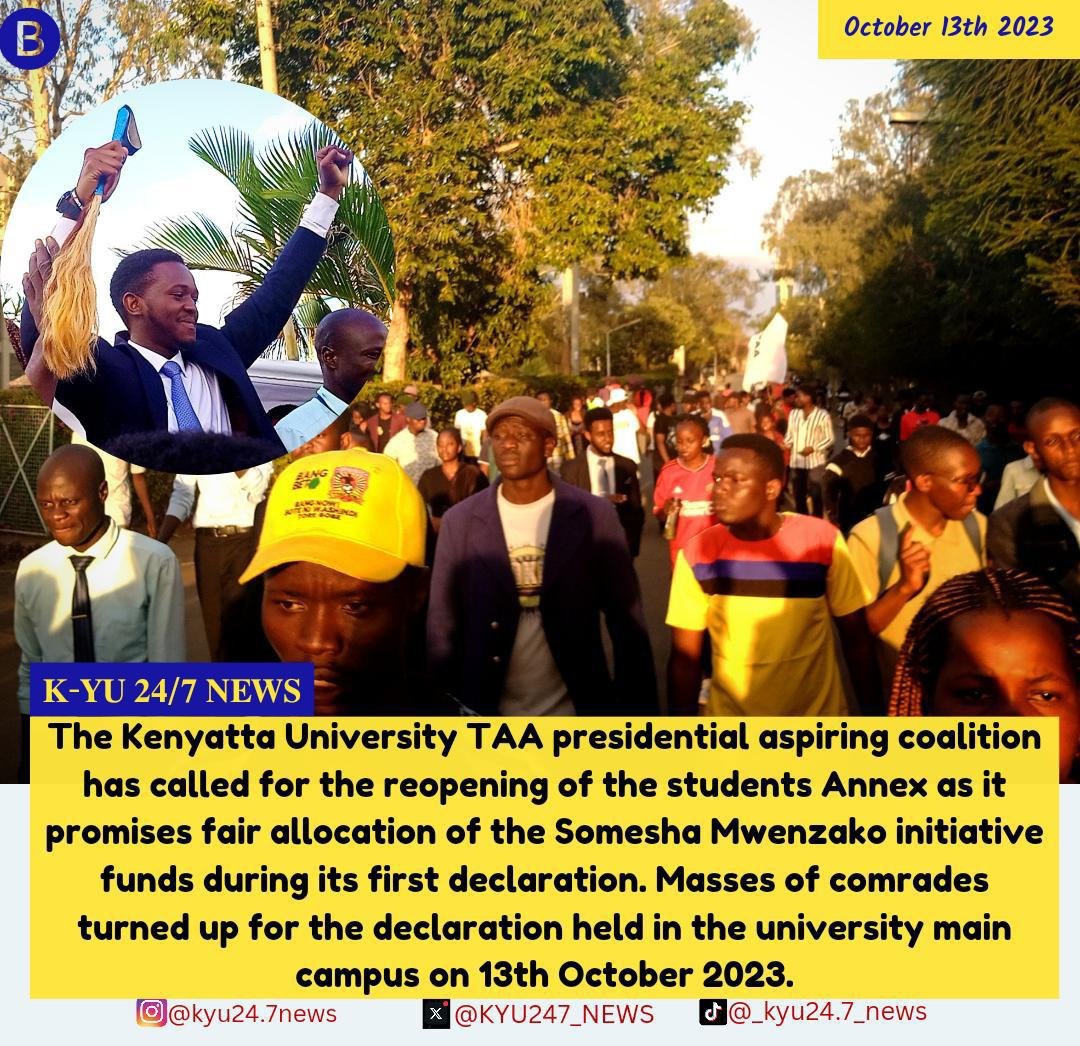 KYU247_NEWS's tweet photo. TAA pushes for the reopening of the students Annex and fair disbursement of the Somesha Mwenzako initiative funds in kenyatta University during their mega declaration #Chrismsando #NoBraDay https://t.co/IRxnCZtyzb