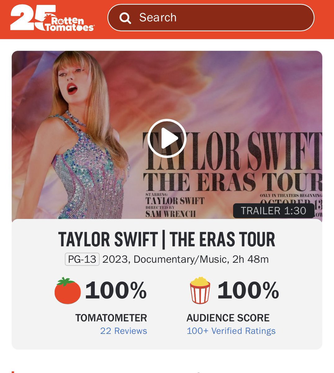DiscussingFilm's tweet photo. ‘TAYLOR SWIFT: ERAS TOUR’ is one of the only movies to ever get both 100% on Rotten Tomatoes and A+ on CinemaScore. https://t.co/rXDDWbmQKb