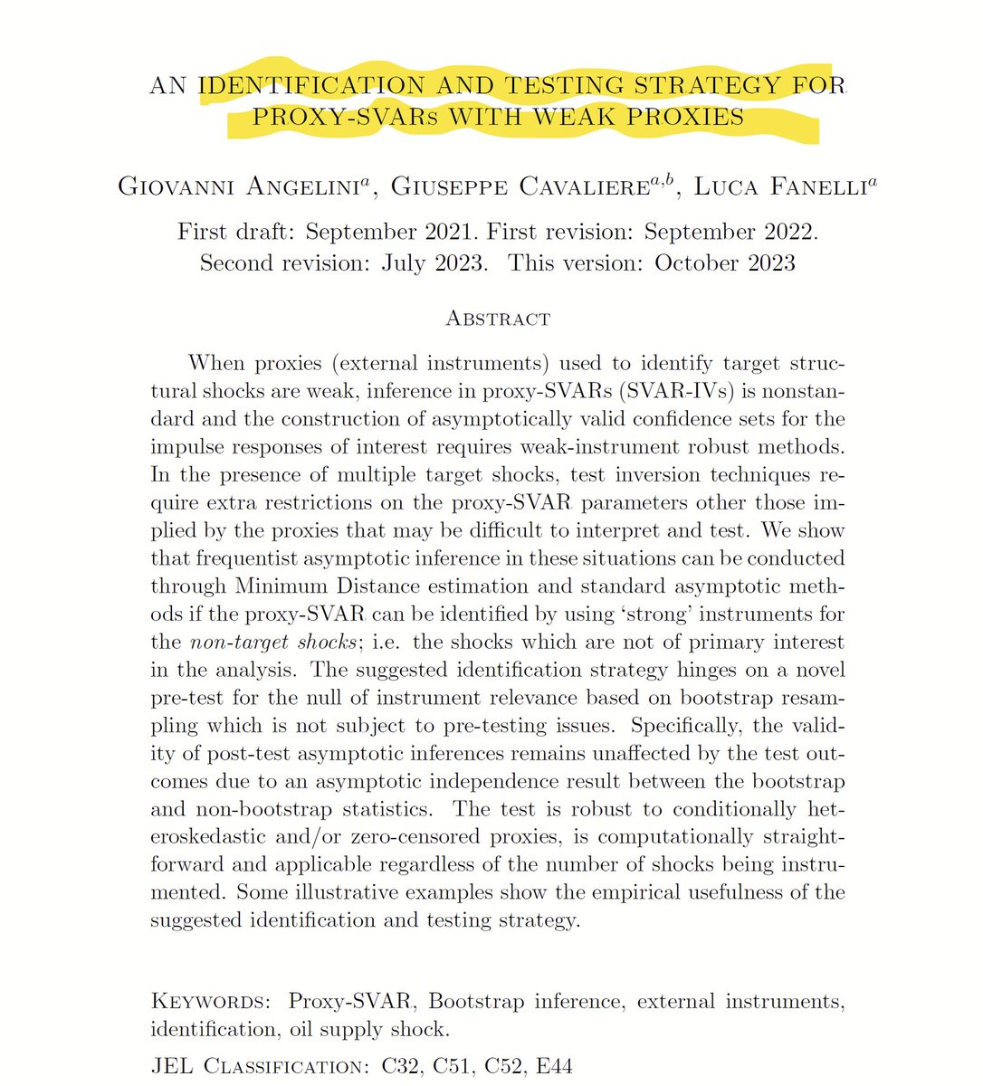 Hi #EconTwitter! Interested in macroeconometrics and in the estimation of dynamic causal effects in #macroeconomics? Take a look 👇 at our paper with @lucafanelli5 and Giovanni Angelini (@unibo), freshly accepted by @jeconometrics! We show that, if your instruments for the