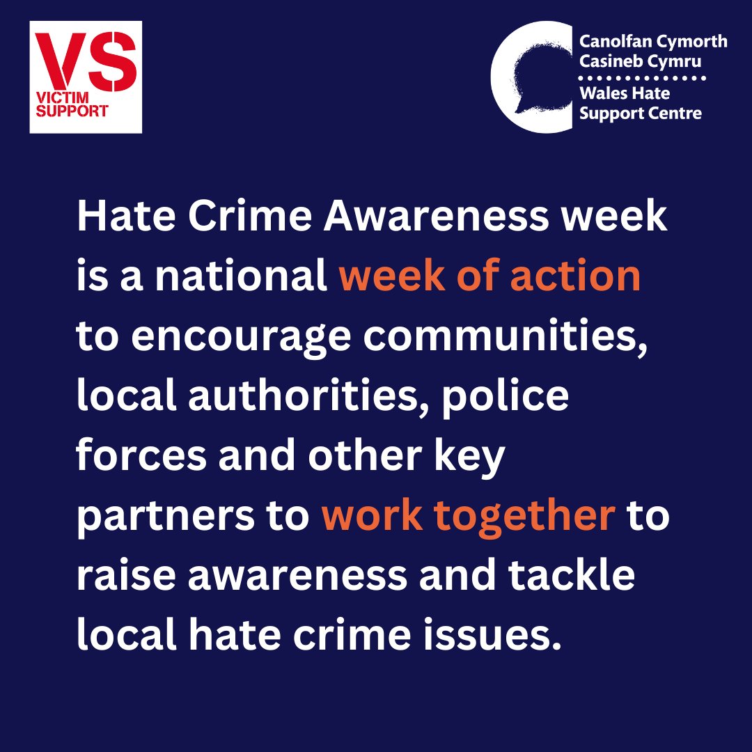 Today marks the start of Hate Crime Awareness Week

Hate Crime is an offence or incident motivated by prejudice against at least 1 of the 5 protected characteristics.

For support in Wales call 📞 0300 30 31 982

#HateHurtsWales 
#NationalHCAW
#SafePlaceForAll